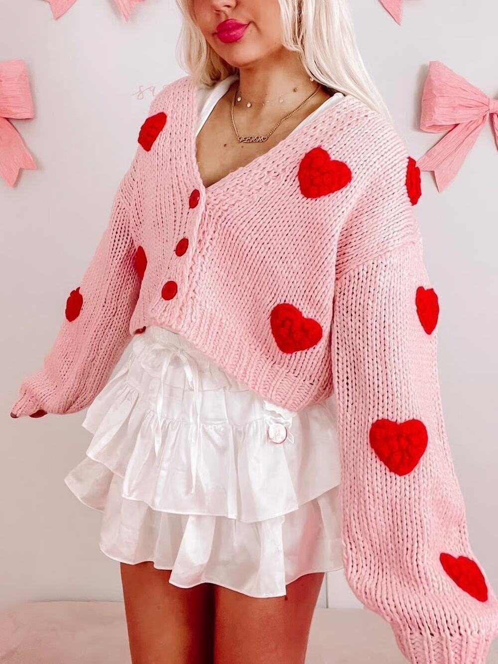Jessica Simpson Cropped Cardigan – Pink with Red Chenille Hearts – Size Medium